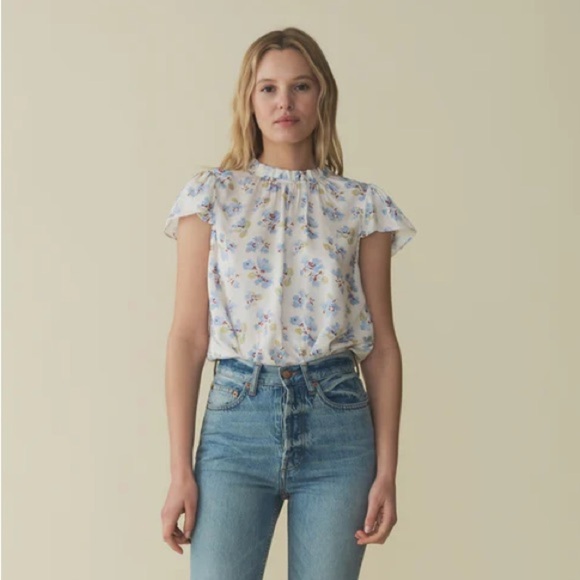 NWT Doen Yvie Silk Ruffle Short Sleeve High Neck Top Bleu Frolicking Floral - Picture 3 of 12